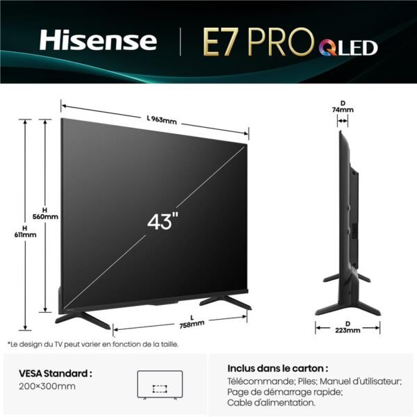 dimension-43E7P HISENSE TV QLED 4K | 144Hz 43″ Série E79Q PRO